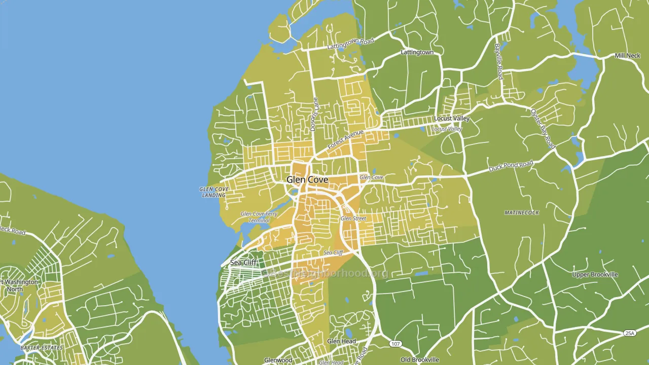 Map of the best neighborhoods in the 11542 area, with better matches in green and worse matches in red