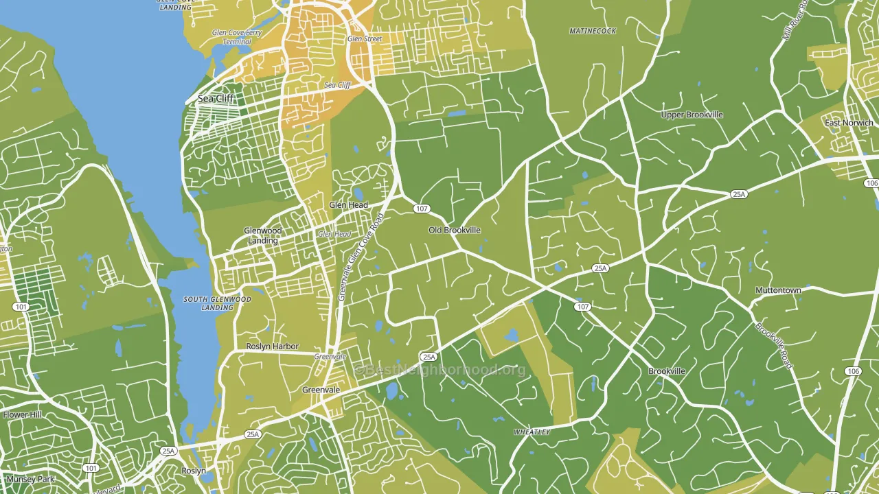 Map of the best neighborhoods in the 11545 area, with better matches in green and worse matches in red