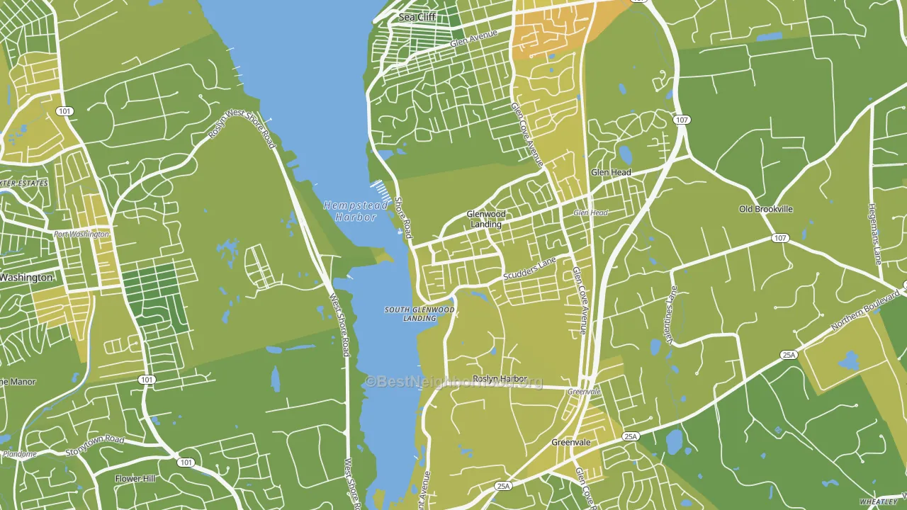Map of the best neighborhoods in the 11547 area, with better matches in green and worse matches in red