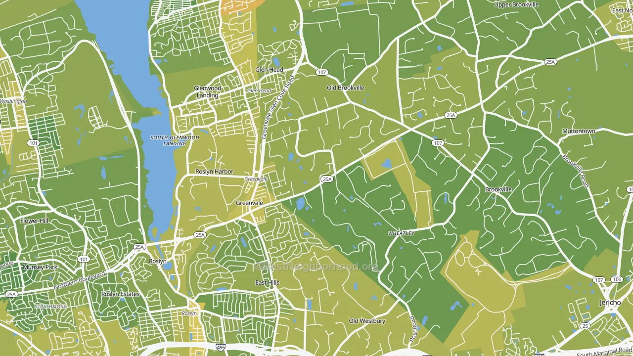 Map of the best neighborhoods in the 11548 area, with better matches in green and worse matches in red