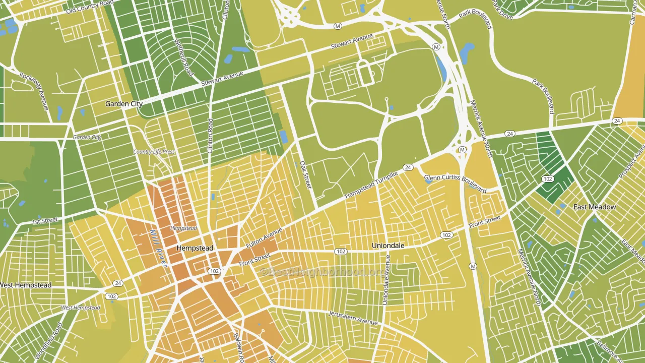 Map of the best neighborhoods in the 11549 area, with better matches in green and worse matches in red