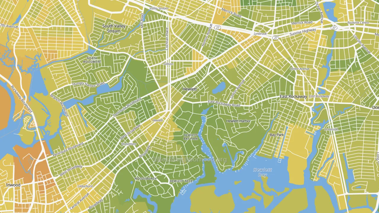 Map of the best neighborhoods in the 11557 area, with better matches in green and worse matches in red