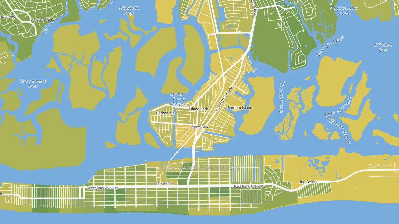 Map of the best neighborhoods in the 11558 area, with better matches in green and worse matches in red