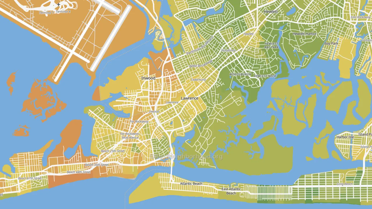 Map of the best neighborhoods in the 11559 area, with better matches in green and worse matches in red