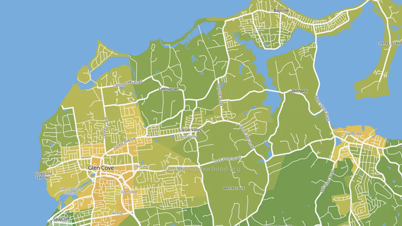 Map of the best neighborhoods in the 11560 area, with better matches in green and worse matches in red