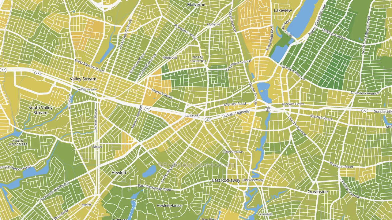 Map of the best neighborhoods in the 11563 area, with better matches in green and worse matches in red