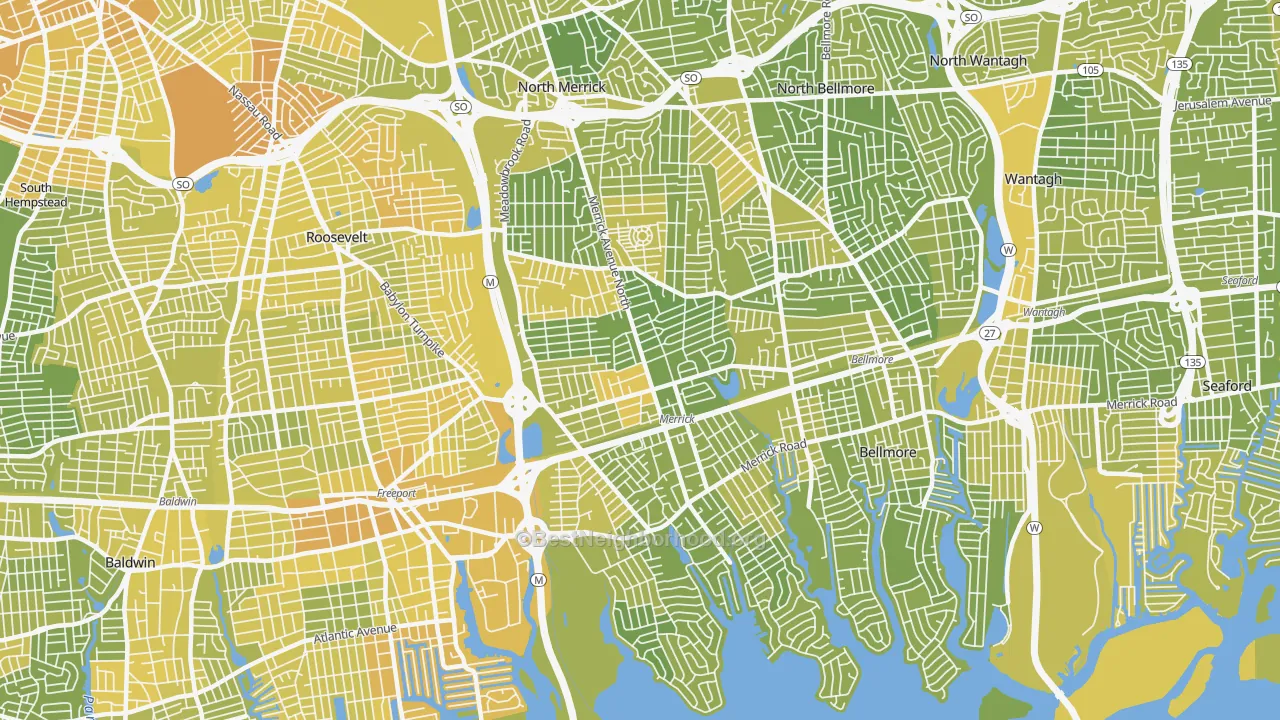 Map of the best neighborhoods in the 11566 area, with better matches in green and worse matches in red