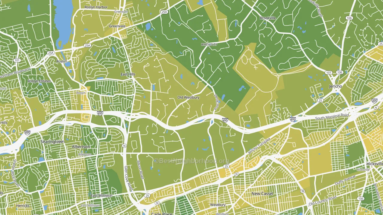 Map of the best neighborhoods in the 11568 area, with better matches in green and worse matches in red