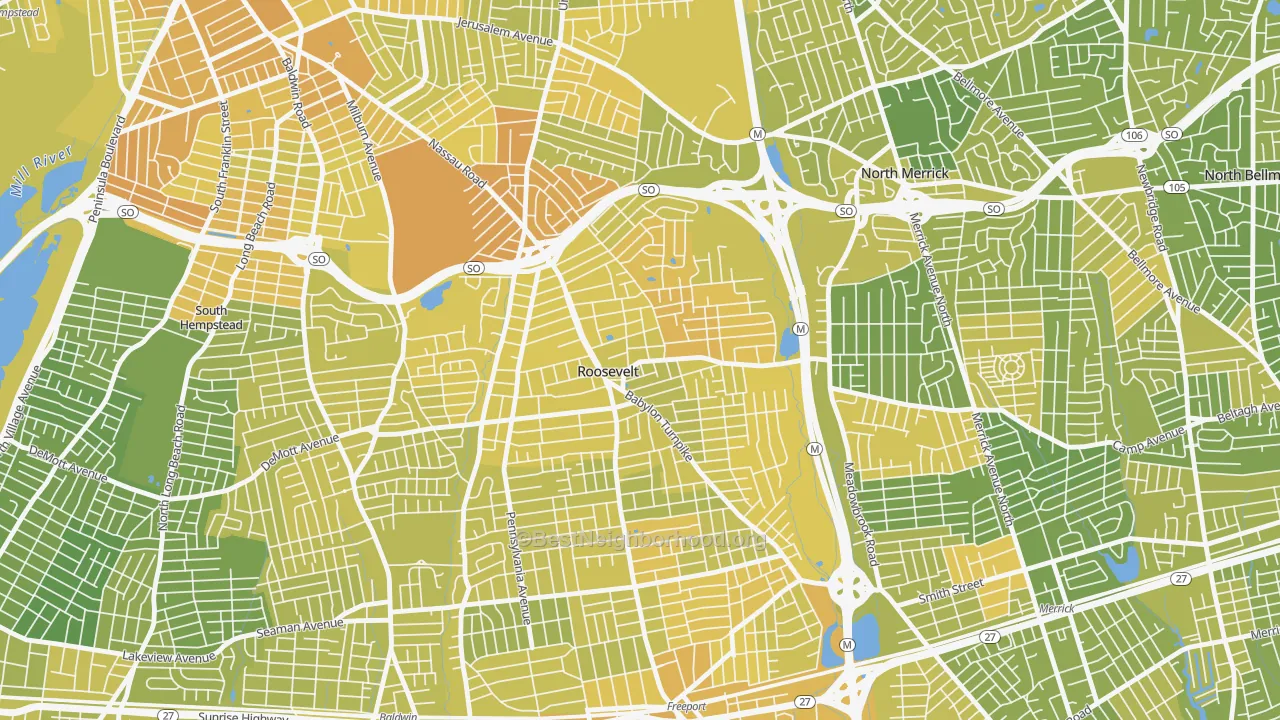 Map of the best neighborhoods in the 11575 area, with better matches in green and worse matches in red