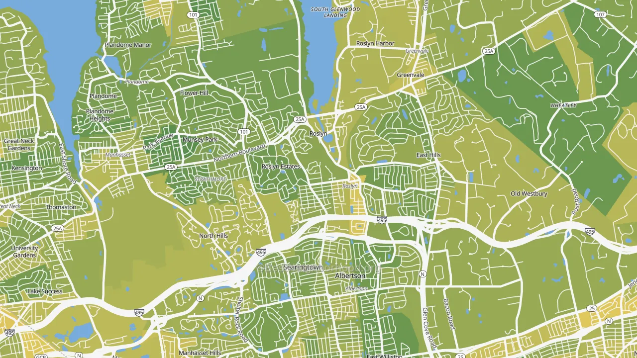 Map of the best neighborhoods in the 11576 area, with better matches in green and worse matches in red