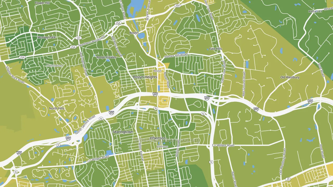 Map of the best neighborhoods in the 11577 area, with better matches in green and worse matches in red