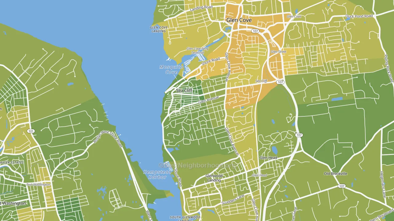 Map of the best neighborhoods in the 11579 area, with better matches in green and worse matches in red