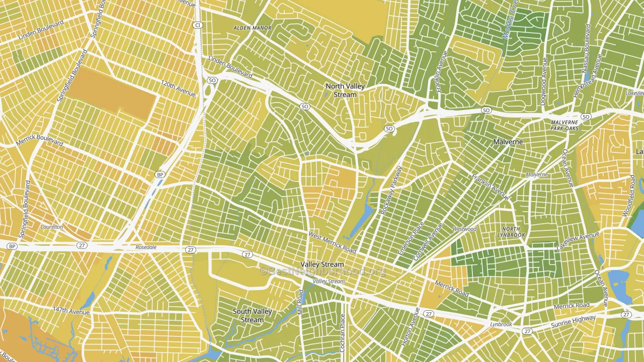Map of the best neighborhoods in the 11580 area, with better matches in green and worse matches in red