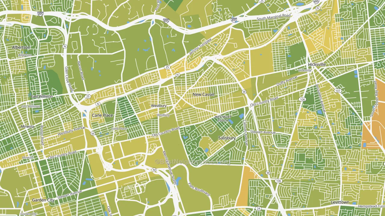 Map of the best neighborhoods in the 11590 area, with better matches in green and worse matches in red
