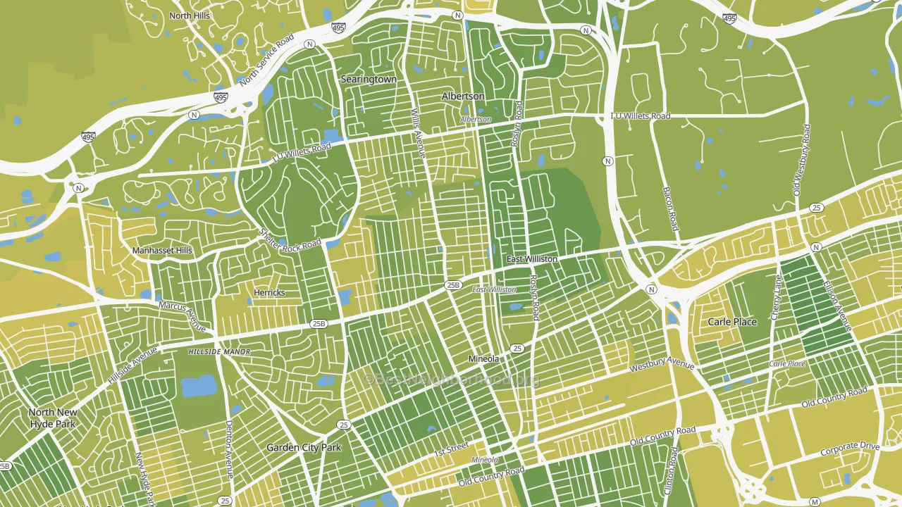 Map of the best neighborhoods in the 11596 area, with better matches in green and worse matches in red