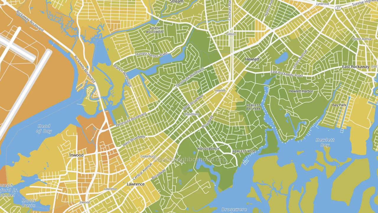 Map of the best neighborhoods in the 11598 area, with better matches in green and worse matches in red