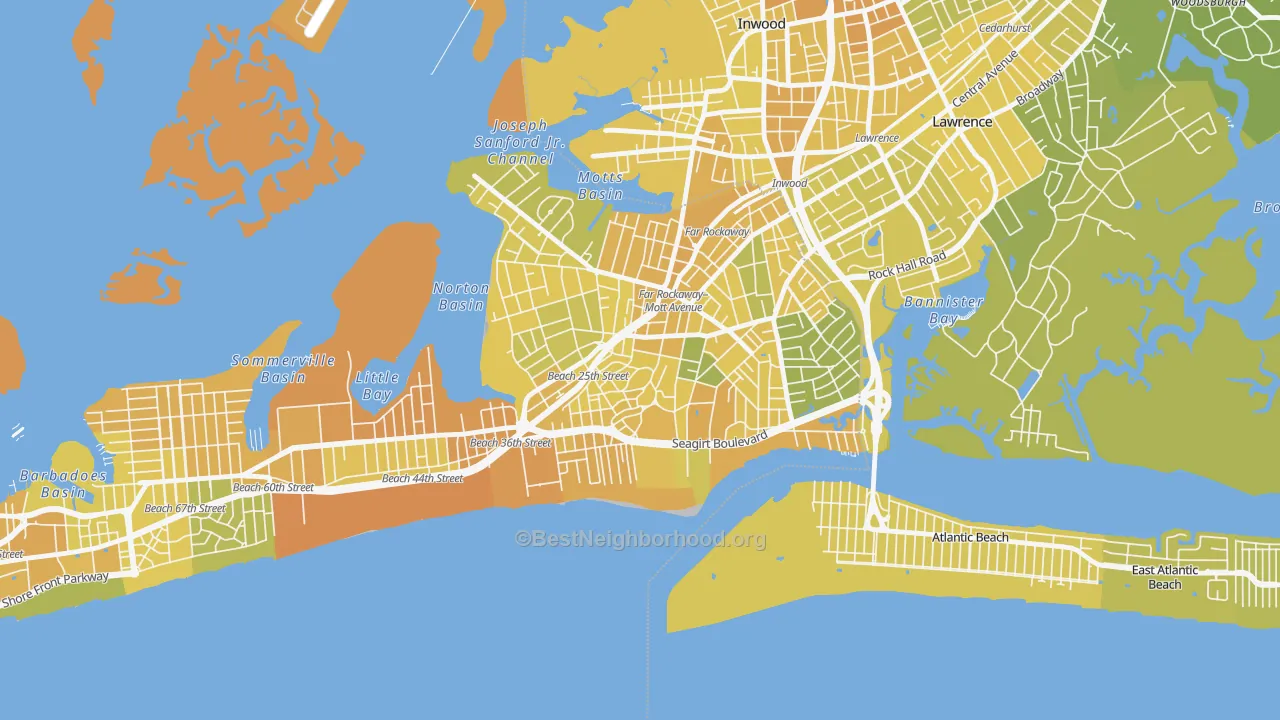 Map of the best neighborhoods in the 11691 area, with better matches in green and worse matches in red