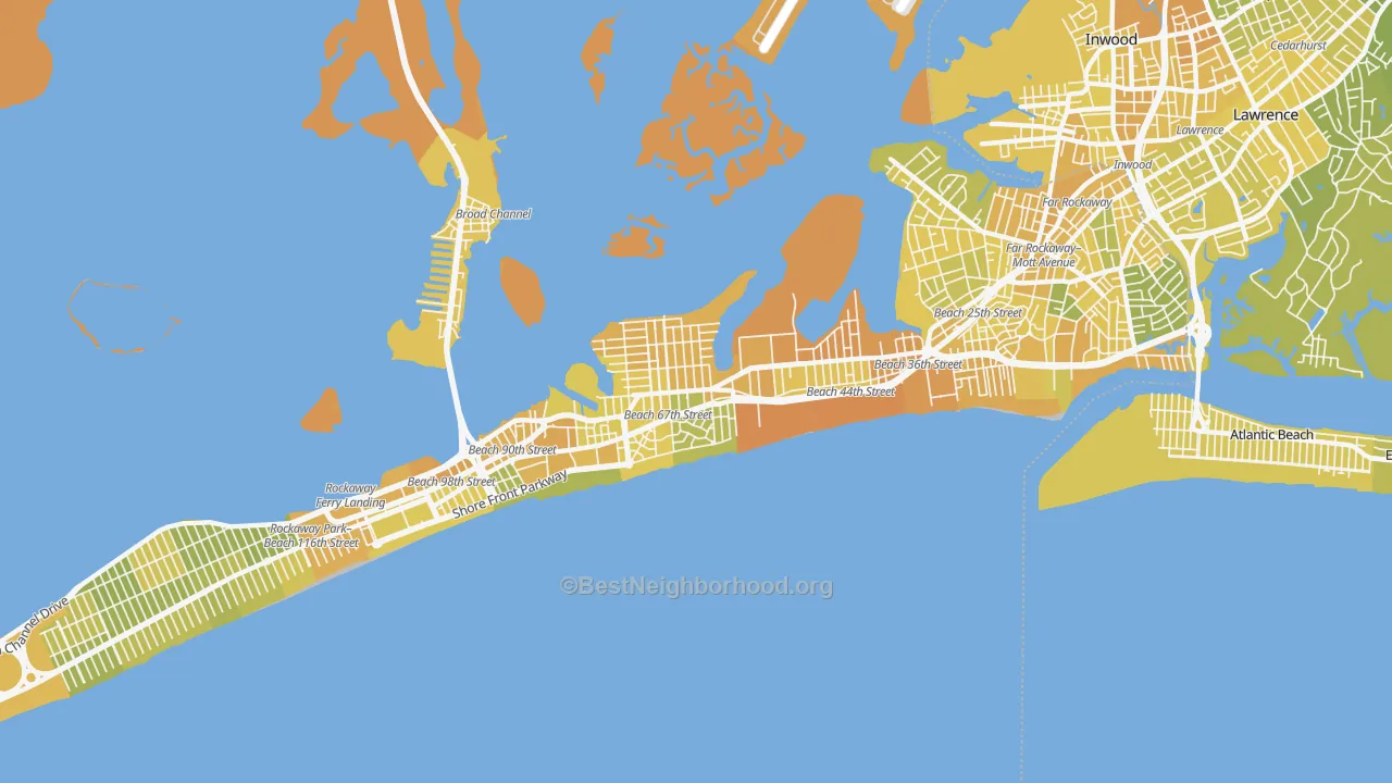 Map of the best neighborhoods in the 11692 area, with better matches in green and worse matches in red