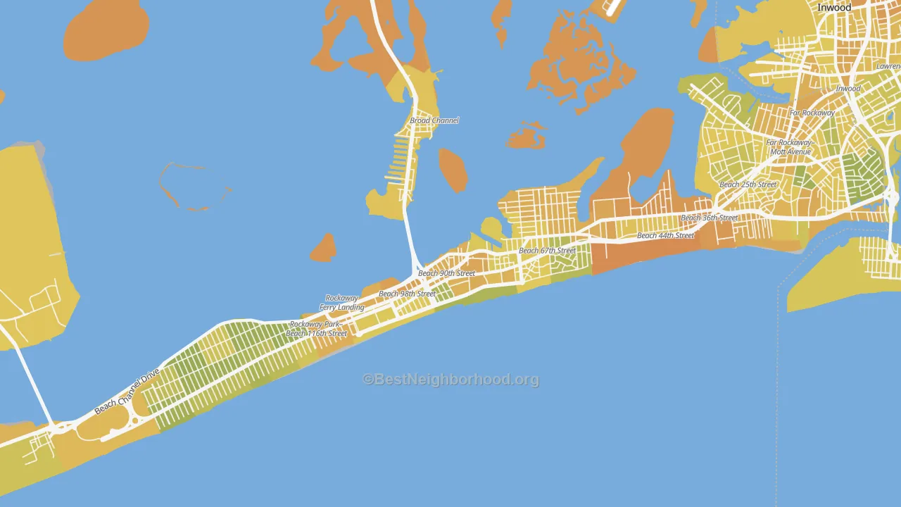 Map of the best neighborhoods in the 11693 area, with better matches in green and worse matches in red