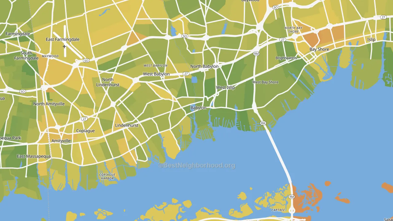 Map of the best neighborhoods in the 11702 area, with better matches in green and worse matches in red