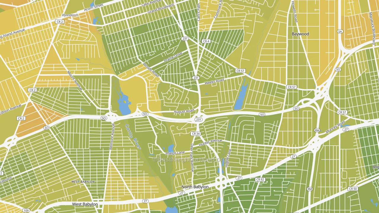 Map of the best neighborhoods in the 11703 area, with better matches in green and worse matches in red