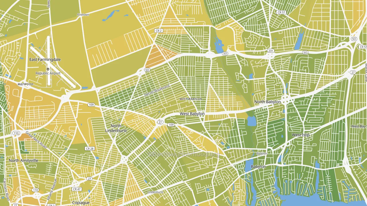 Map of the best neighborhoods in the 11704 area, with better matches in green and worse matches in red
