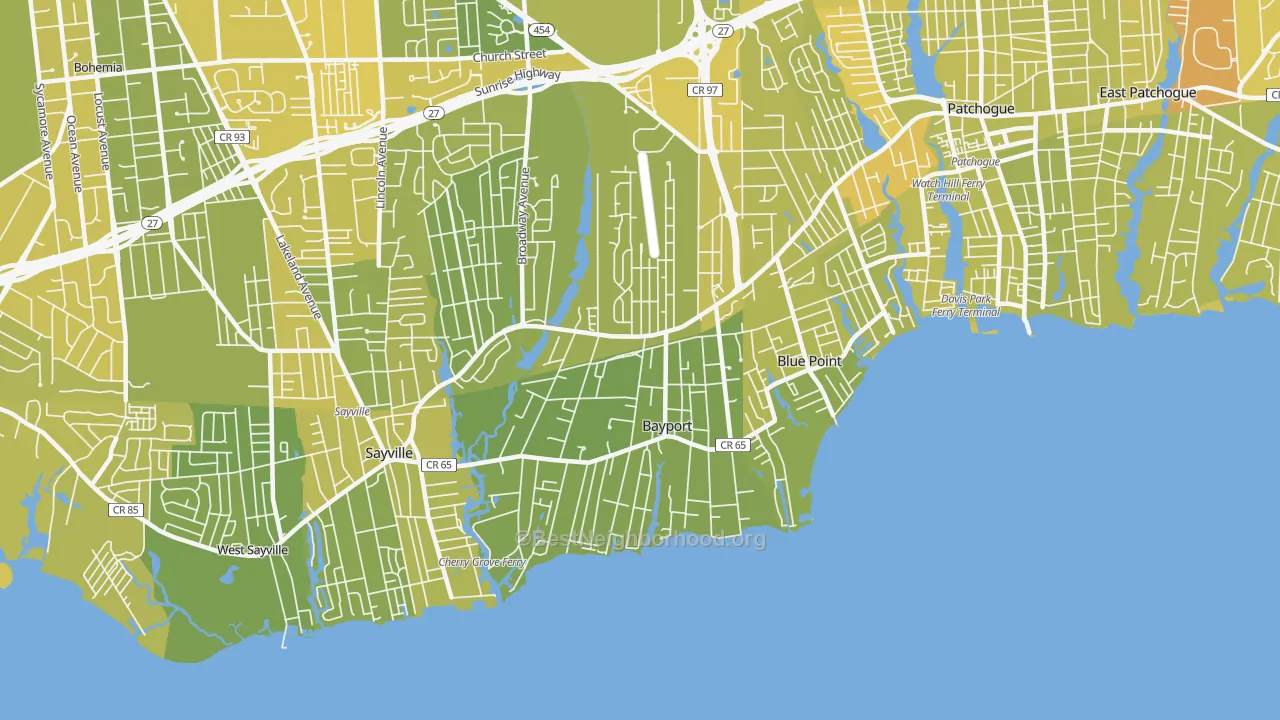 Map of the best neighborhoods in the 11705 area, with better matches in green and worse matches in red