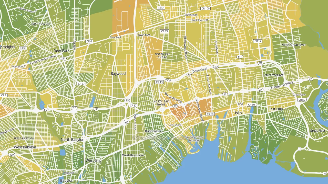Map of the best neighborhoods in the 11706 area, with better matches in green and worse matches in red