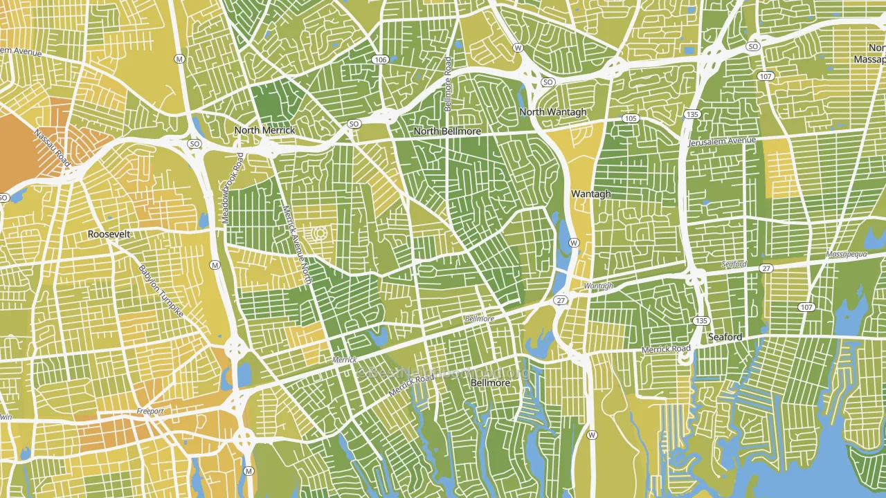 Map of the best neighborhoods in the 11710 area, with better matches in green and worse matches in red