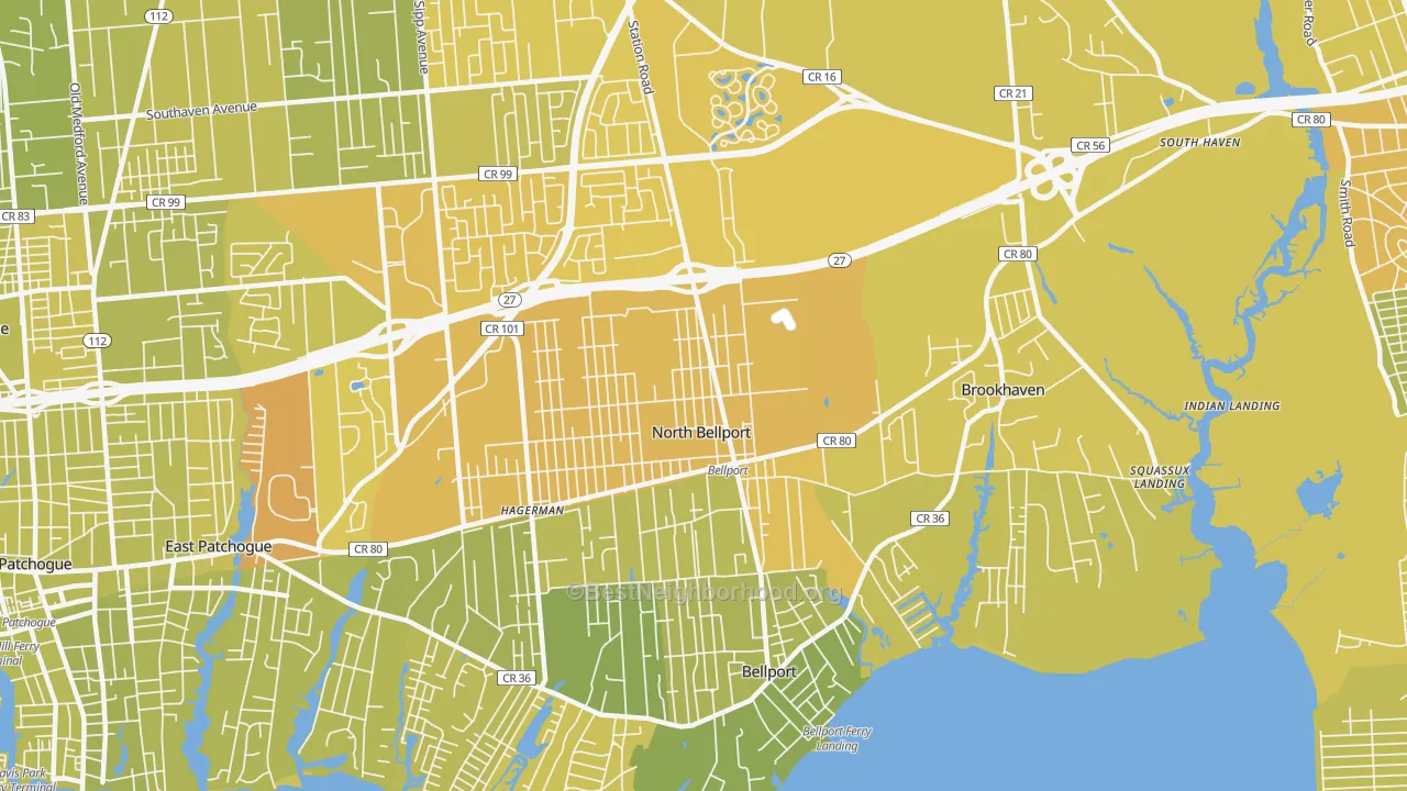 Map of the best neighborhoods in the 11713 area, with better matches in green and worse matches in red