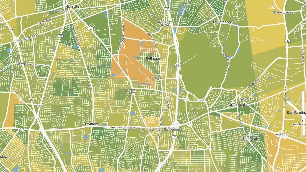 Map of the best neighborhoods in the 11714 area, with better matches in green and worse matches in red