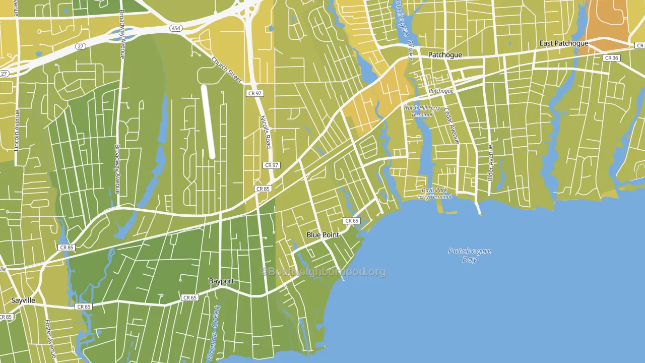 Map of the best neighborhoods in the 11715 area, with better matches in green and worse matches in red