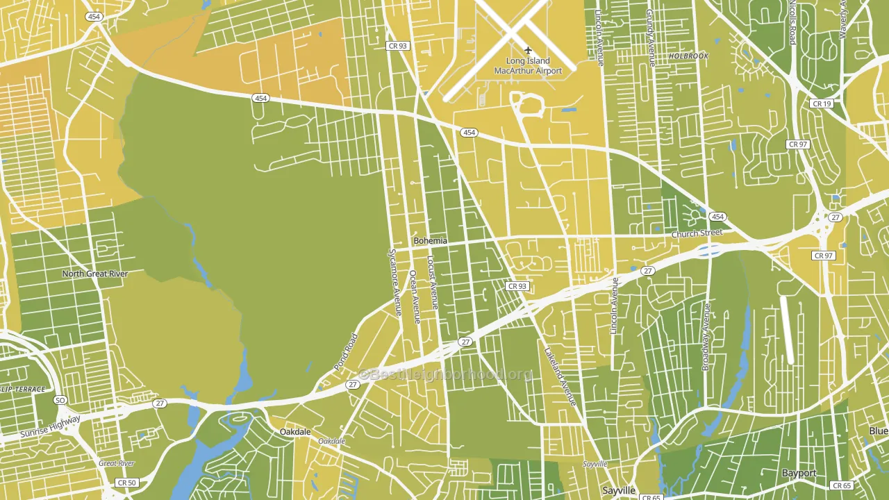 Map of the best neighborhoods in the 11716 area, with better matches in green and worse matches in red