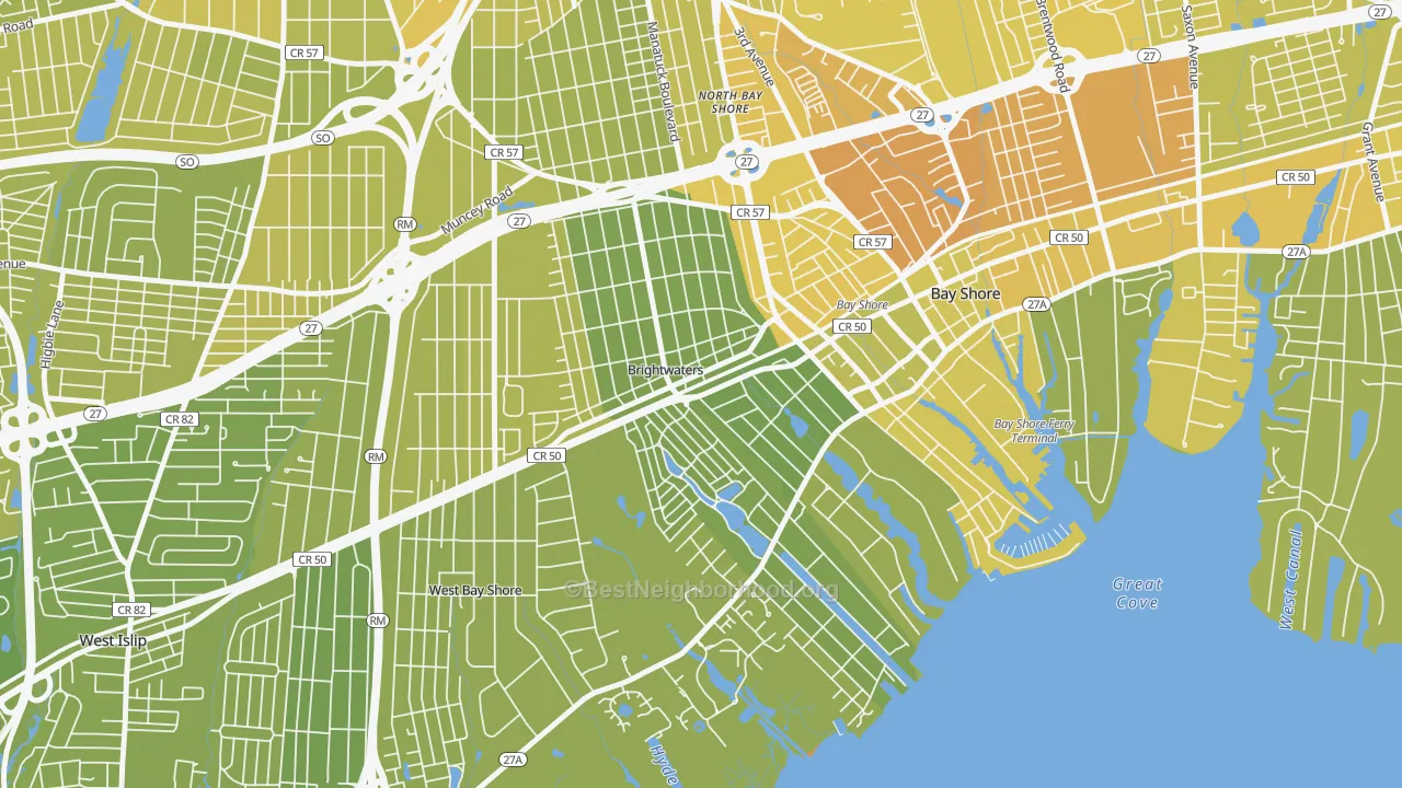 Map of the best neighborhoods in the 11718 area, with better matches in green and worse matches in red