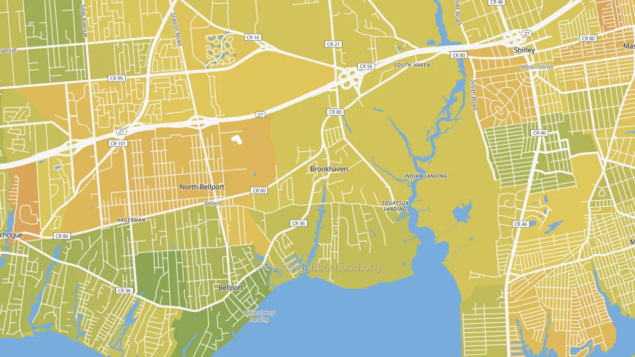 Map of the best neighborhoods in the 11719 area, with better matches in green and worse matches in red