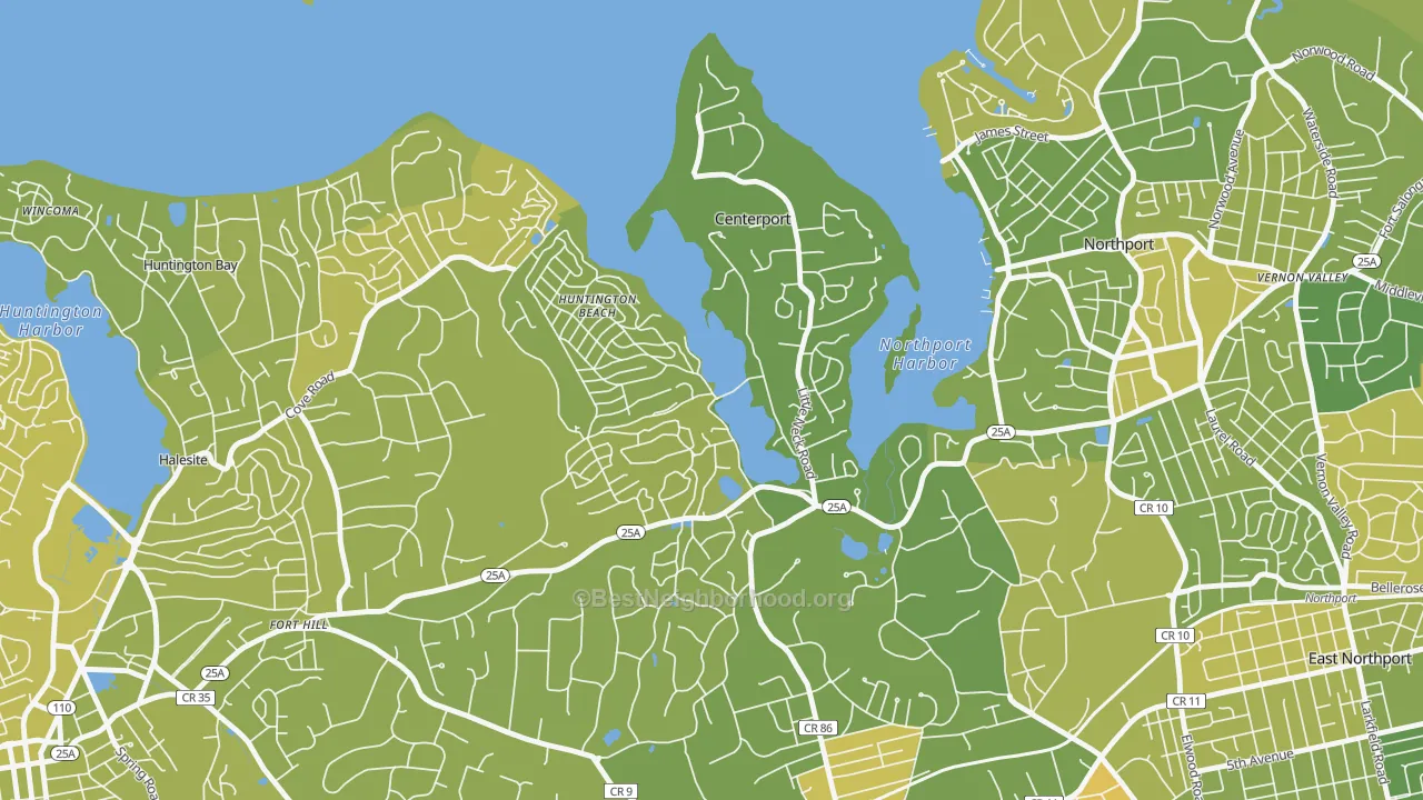 Map of the best neighborhoods in the 11721 area, with better matches in green and worse matches in red