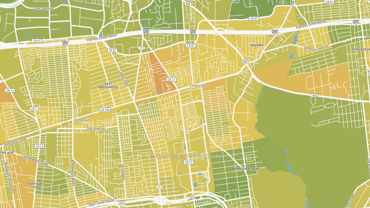 Map of the best neighborhoods in the 11722 area, with better matches in green and worse matches in red