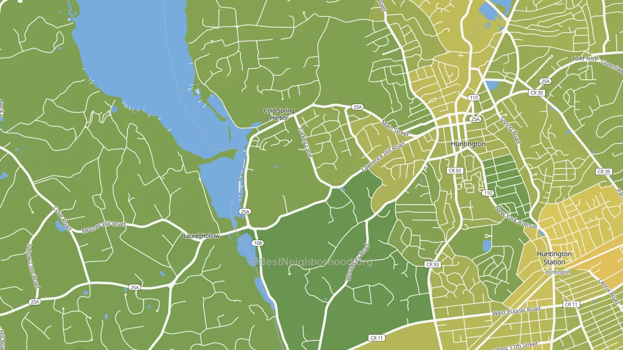 Map of the best neighborhoods in the 11724 area, with better matches in green and worse matches in red