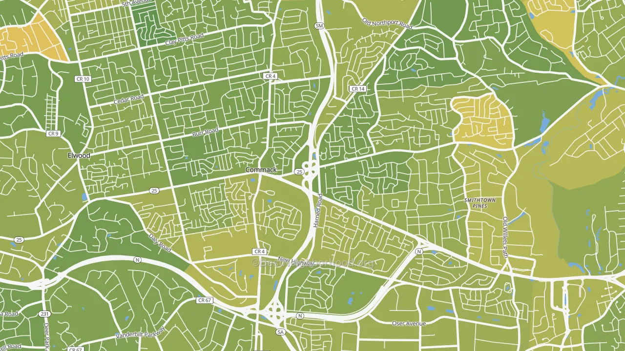 Map of the best neighborhoods in the 11725 area, with better matches in green and worse matches in red