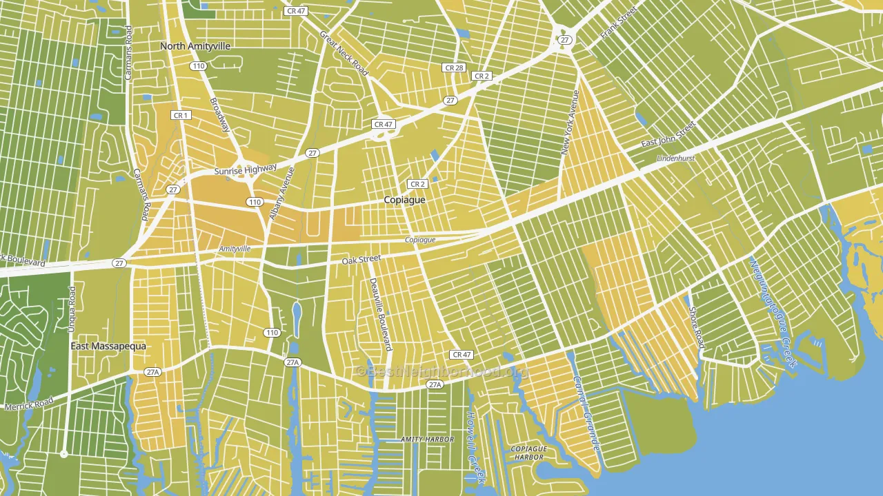 Map of the best neighborhoods in the 11726 area, with better matches in green and worse matches in red