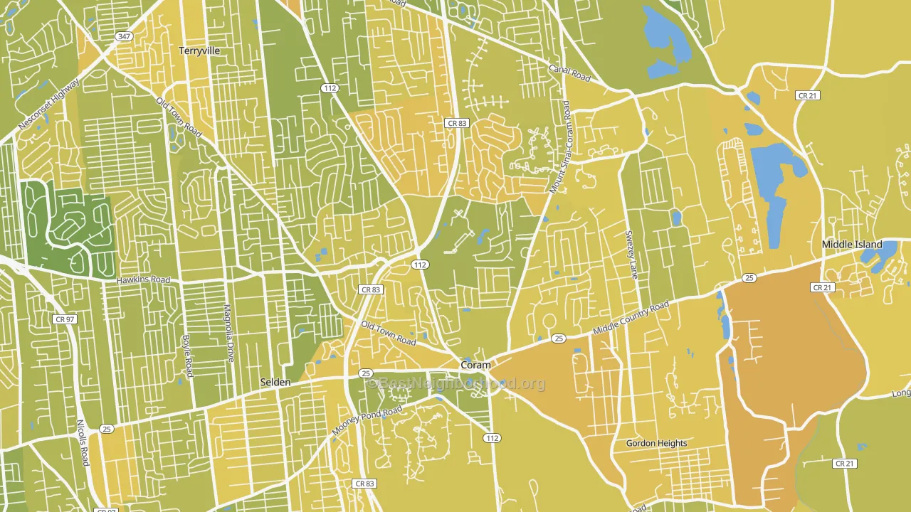 Map of the best neighborhoods in the 11727 area, with better matches in green and worse matches in red