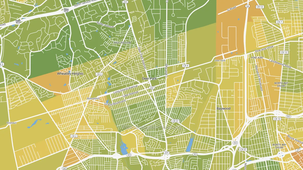 Map of the best neighborhoods in the 11729 area, with better matches in green and worse matches in red