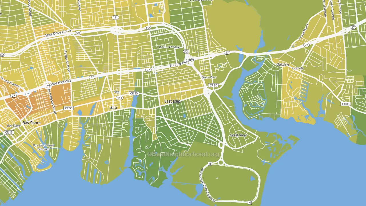 Map of the best neighborhoods in the 11730 area, with better matches in green and worse matches in red