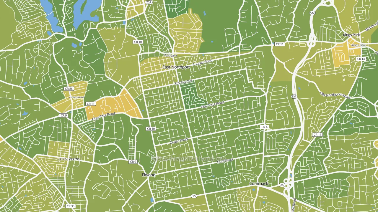 Map of the best neighborhoods in the 11731 area, with better matches in green and worse matches in red