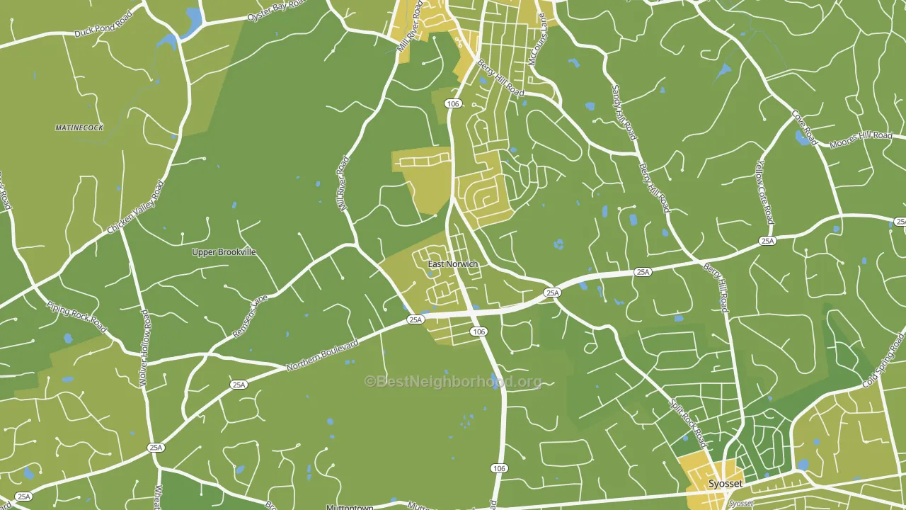 Map of the best neighborhoods in the 11732 area, with better matches in green and worse matches in red