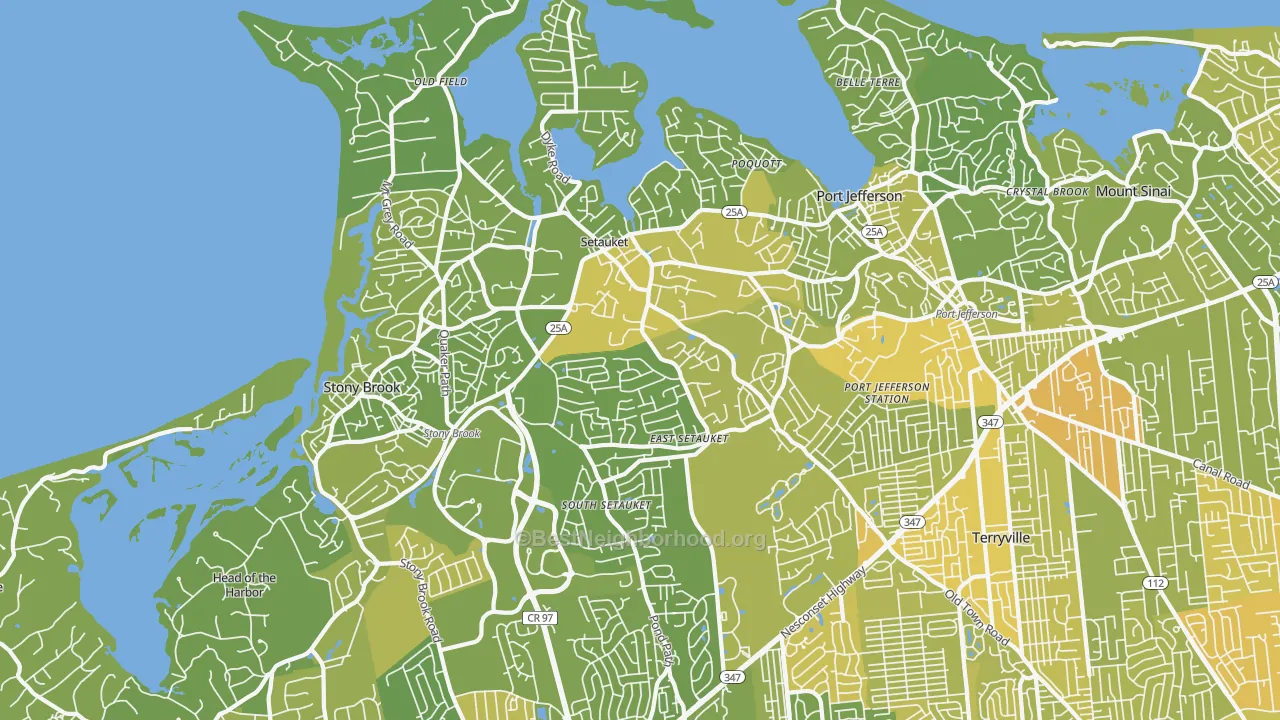 Map of the best neighborhoods in the 11733 area, with better matches in green and worse matches in red