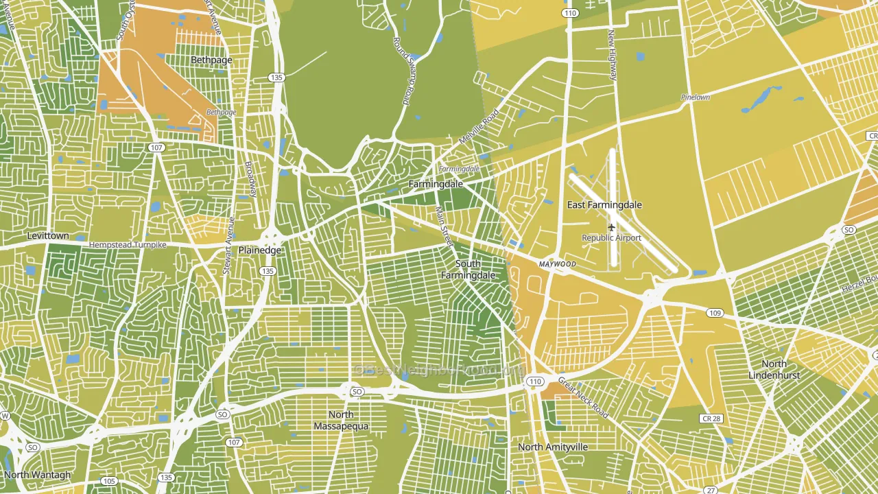 Map of the best neighborhoods in the 11735 area, with better matches in green and worse matches in red