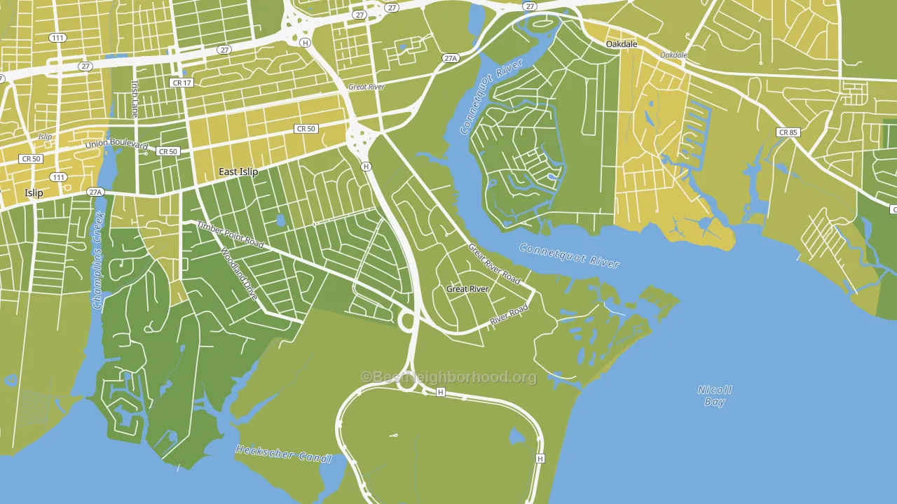 Map of the best neighborhoods in the 11739 area, with better matches in green and worse matches in red