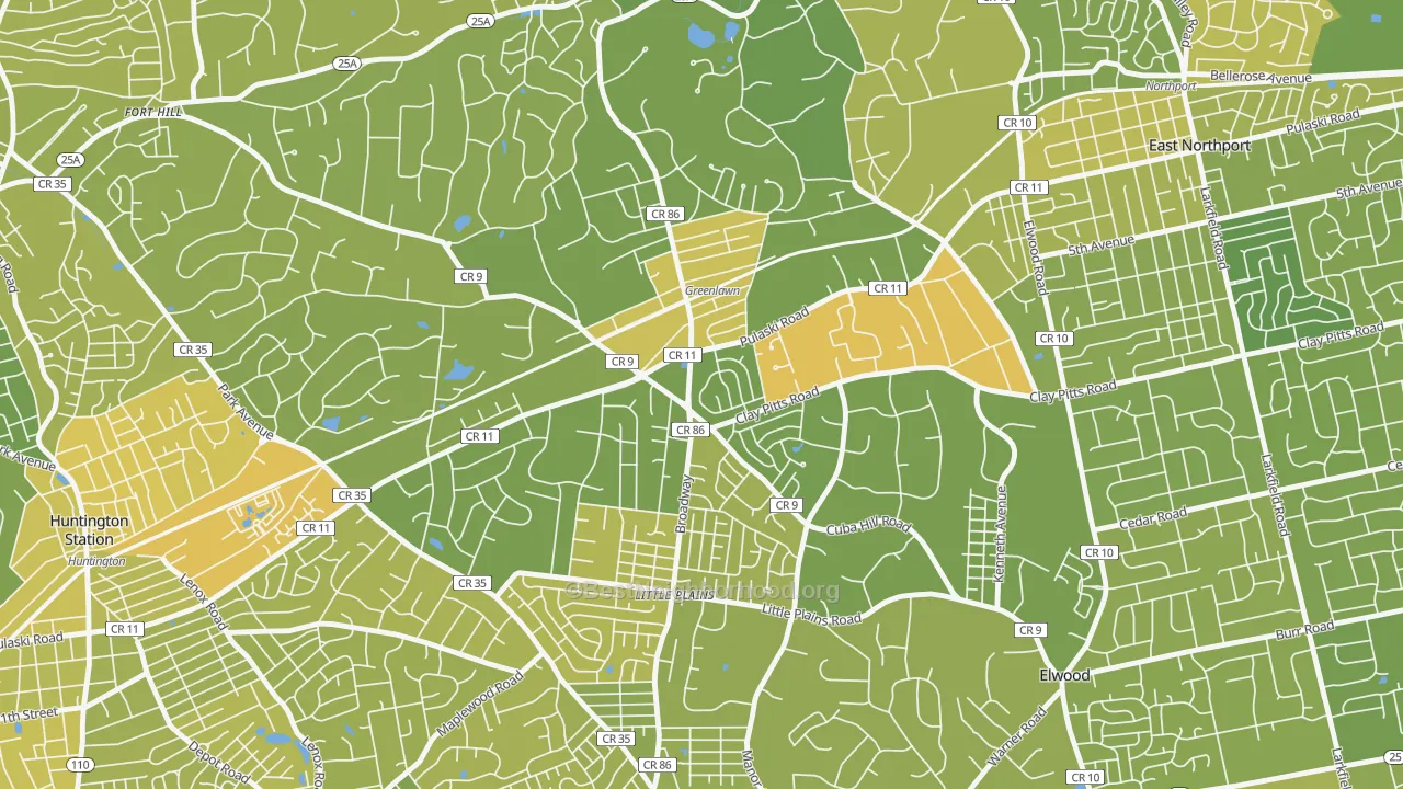 Map of the best neighborhoods in the 11740 area, with better matches in green and worse matches in red