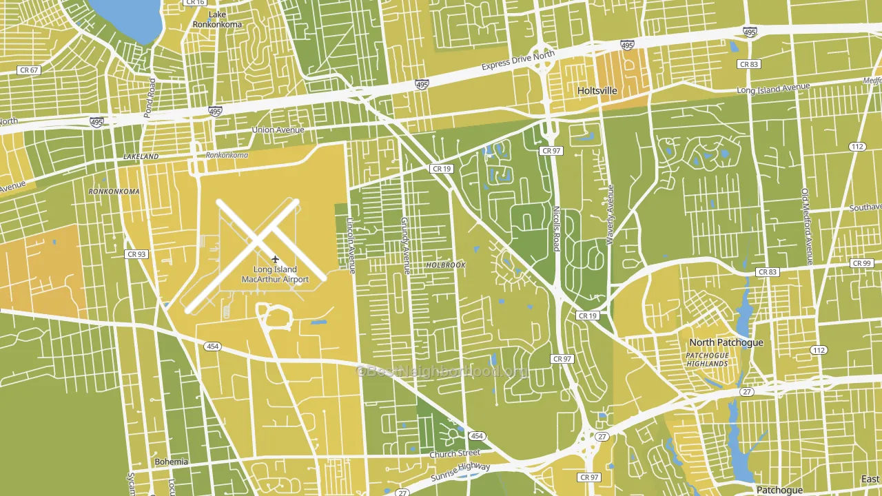 Map of the best neighborhoods in the 11741 area, with better matches in green and worse matches in red